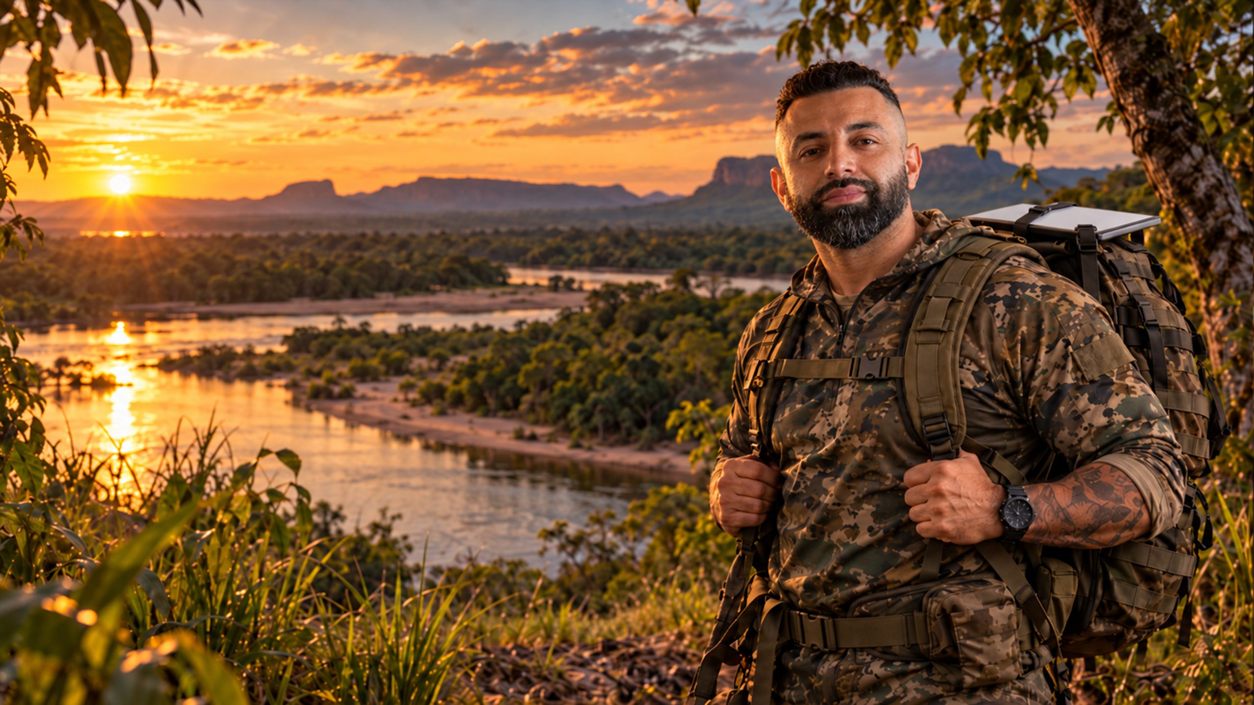 NaLata Driver com mochila diante do Rio Araguaia ao pôr do sol